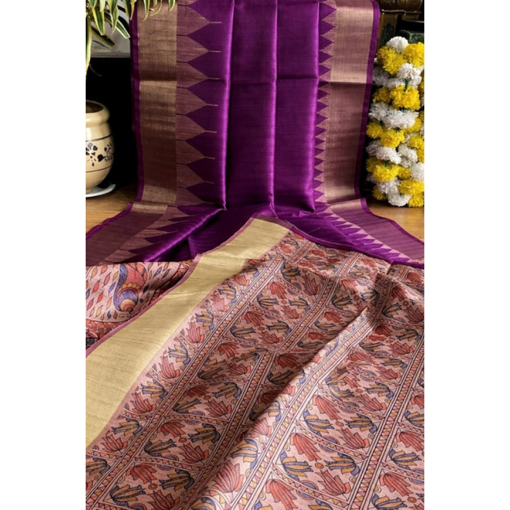 Generic Women's Tussar Silk Madhubani Saree With Unstitched Blouse 5.5Mtr (Purple)