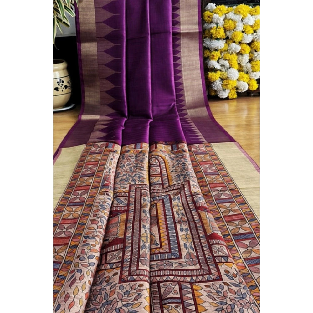 Generic Women's Tussar Silk Madhubani Saree With Unstitched Blouse 5.5Mtr (Purple)