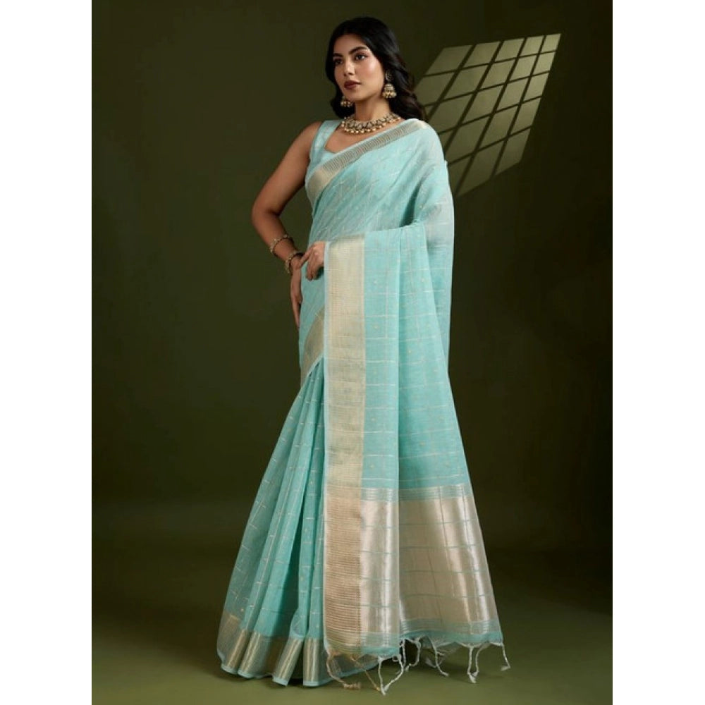 Generic Women's Tissue Checks_With_Buttis Saree With Unstitched Blouse 5.5Mtr (Aqua_Blue)