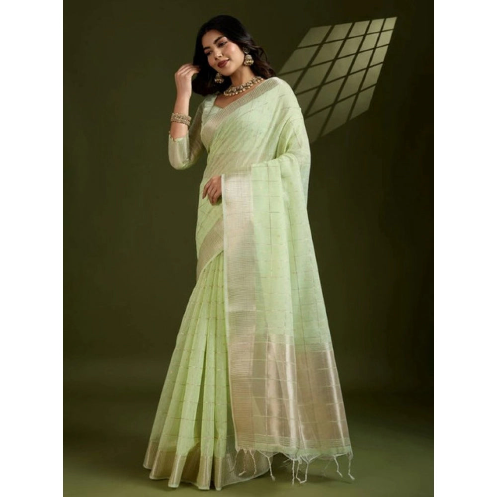 Generic Women's Tissue Checks_With_Buttis Saree With Unstitched Blouse 5.5Mtr (Light_Green)