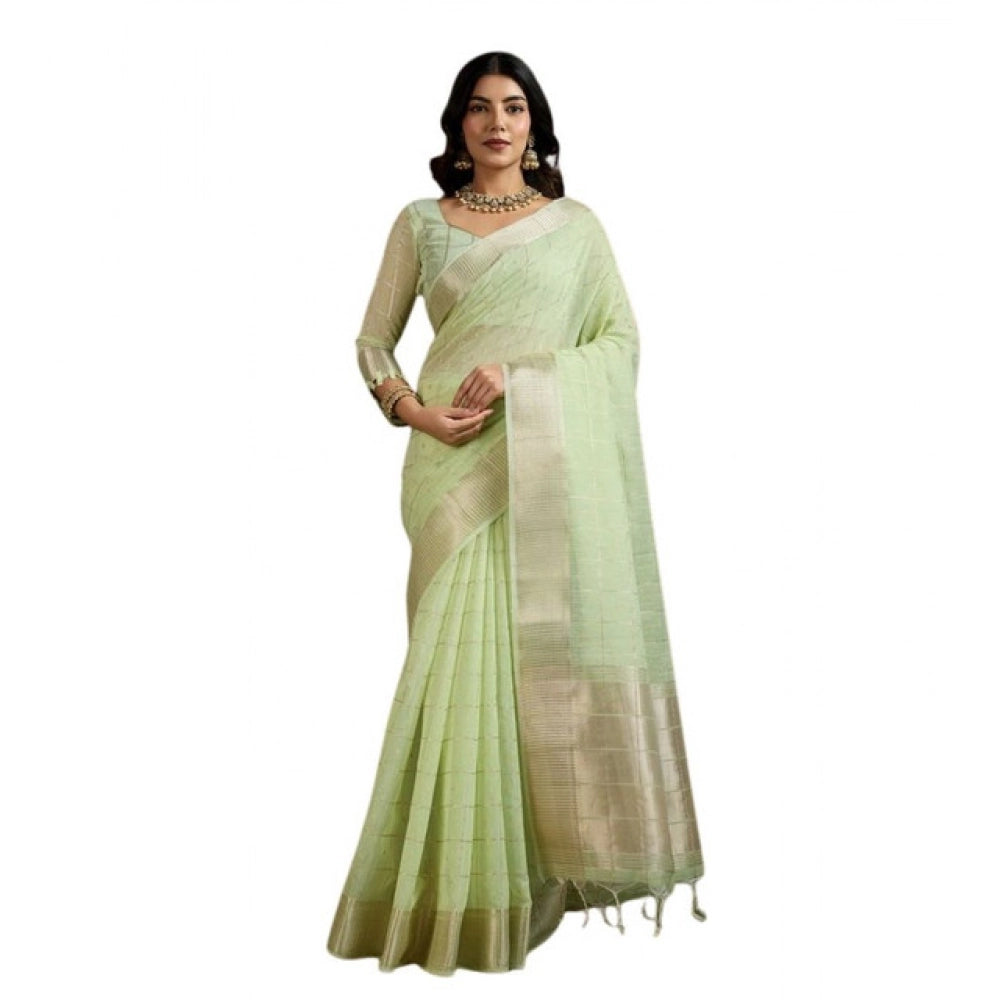 Generic Women's Tissue Checks_With_Buttis Saree With Unstitched Blouse 5.5Mtr (Light_Green)