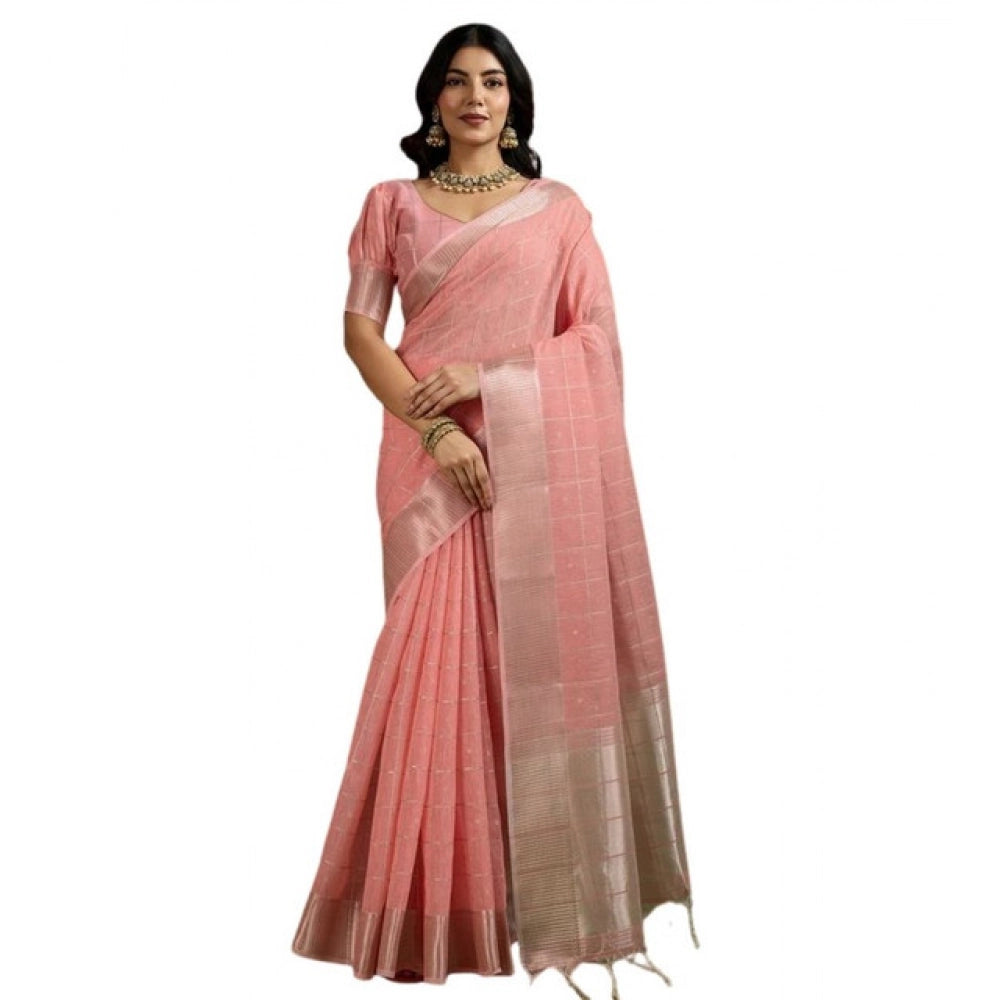 Generic Women's Tissue Checks_With_Buttis Saree With Unstitched Blouse 5.5Mtr (Peach)