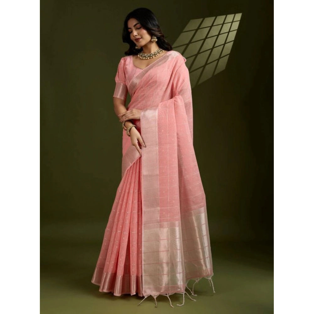 Generic Women's Tissue Checks_With_Buttis Saree With Unstitched Blouse 5.5Mtr (Peach)