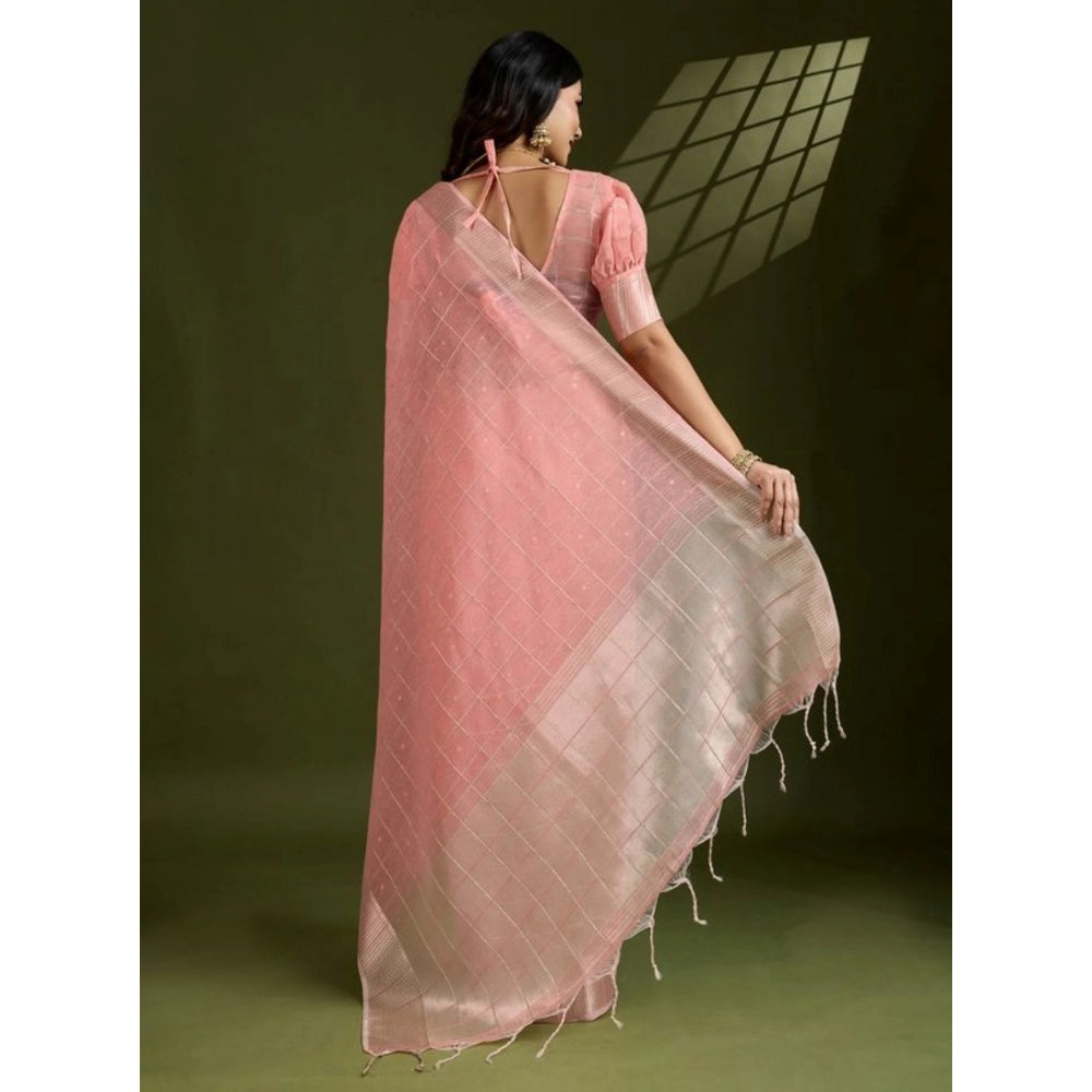 Generic Women's Tissue Checks_With_Buttis Saree With Unstitched Blouse 5.5Mtr (Peach)