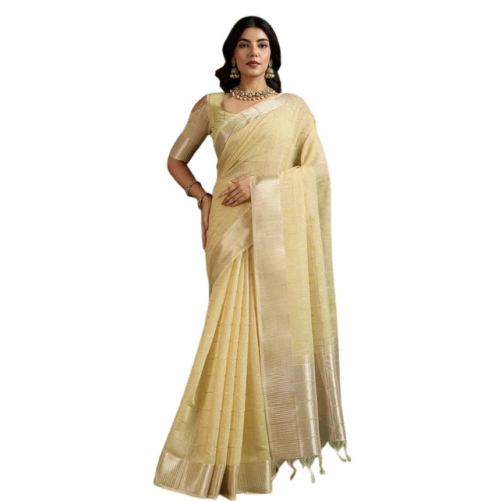 Generic Women's Tissue Checks_With_Buttis Saree With Unstitched Blouse 5.5Mtr (Yellow)