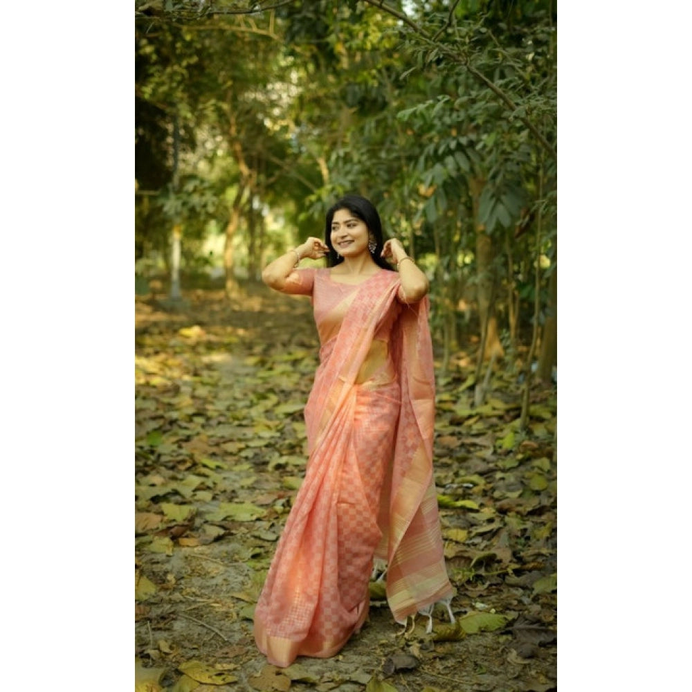 Generic Women's Silk_Blend Checked Saree With Unstitched Blouse 5.5Mtr (Peach)