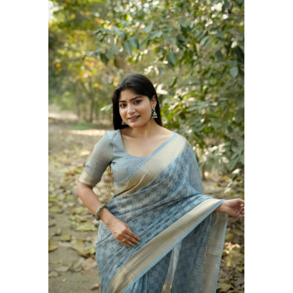 Generic Women's Silk_Blend Checked Saree With Unstitched Blouse 5.5Mtr (Sky_Blue)