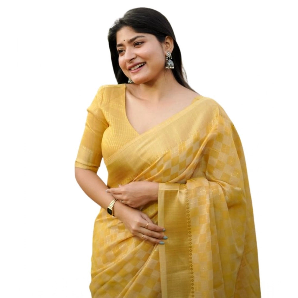 Generic Women's Silk_Blend Checked Saree With Unstitched Blouse 5.5Mtr (Yellow)