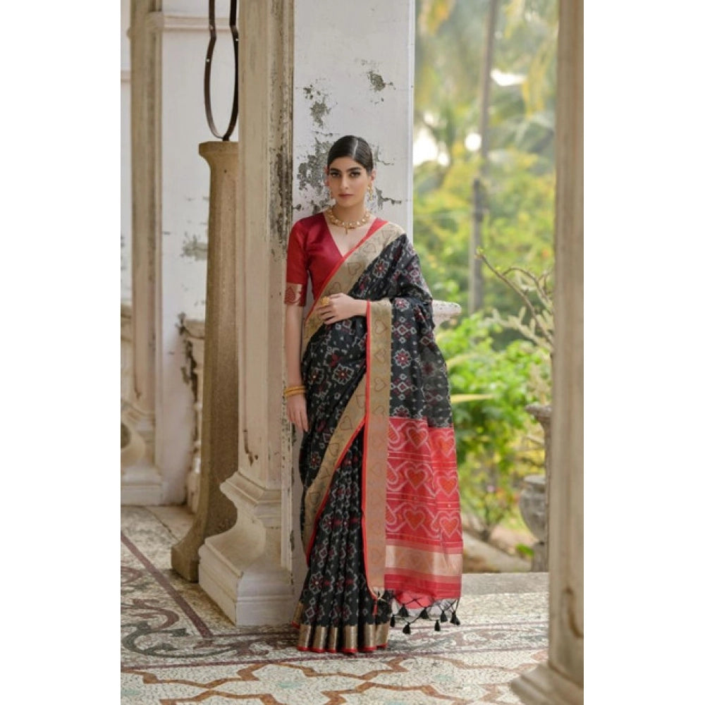 Generic Women's Silk_Blend Ethnic Ikat Pattern Saree With Unstitched Blouse 5.5Mtr (Black)