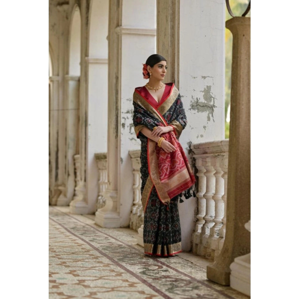 Generic Women's Silk_Blend Ethnic Ikat Pattern Saree With Unstitched Blouse 5.5Mtr (Black)
