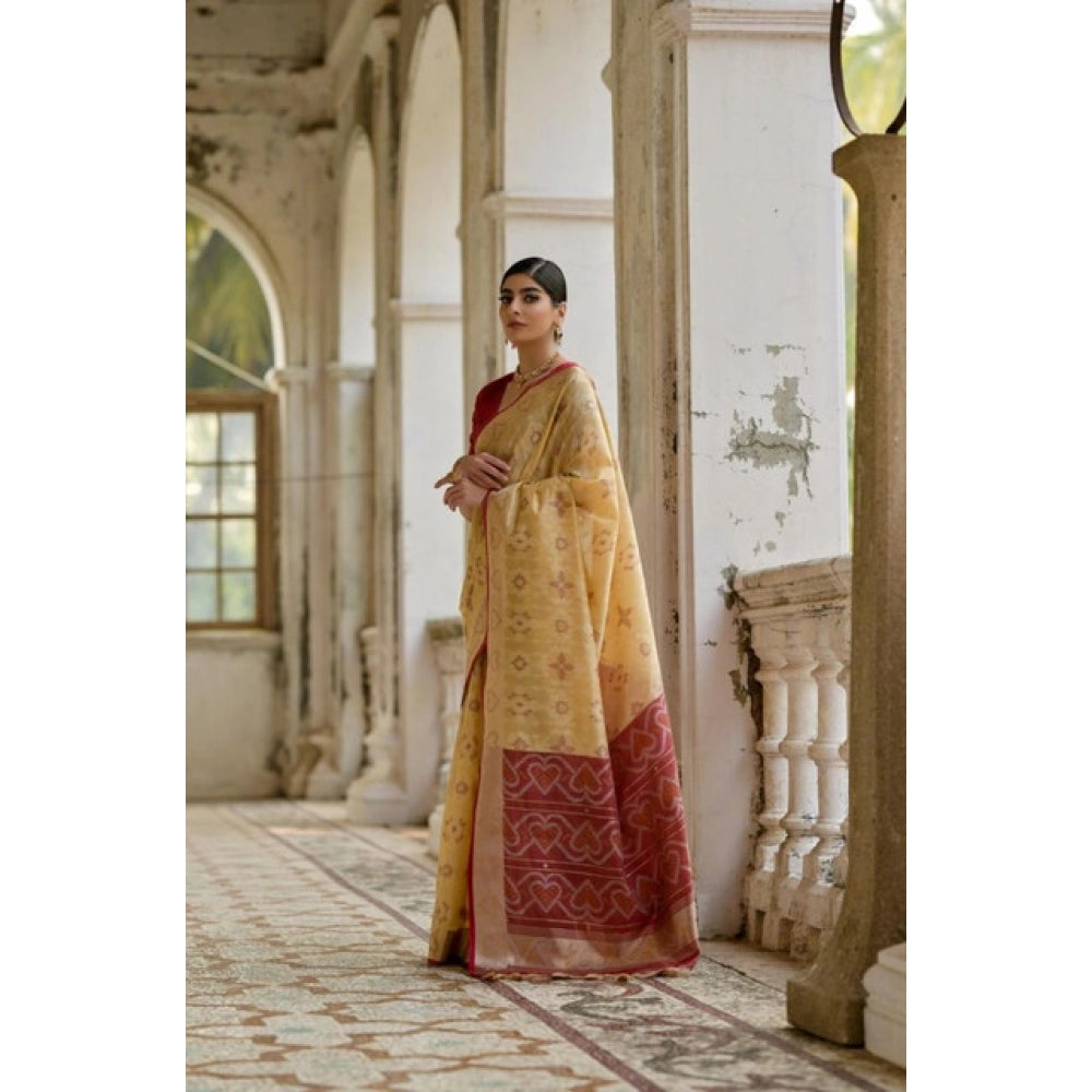 Generic Women's Silk_Blend Ethnic Ikat Pattern Saree With Unstitched Blouse 5.5Mtr (Cream)