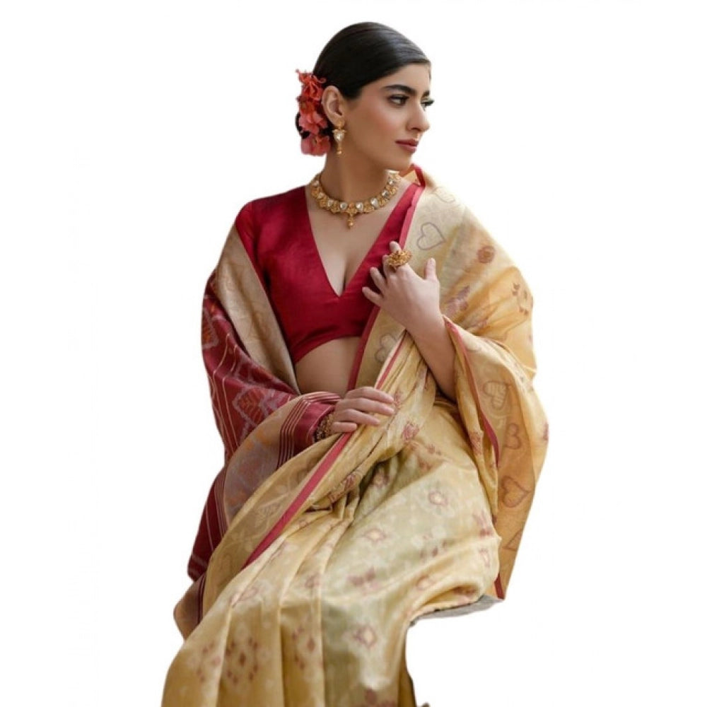 Generic Women's Silk_Blend Ethnic Ikat Pattern Saree With Unstitched Blouse 5.5Mtr (Cream)