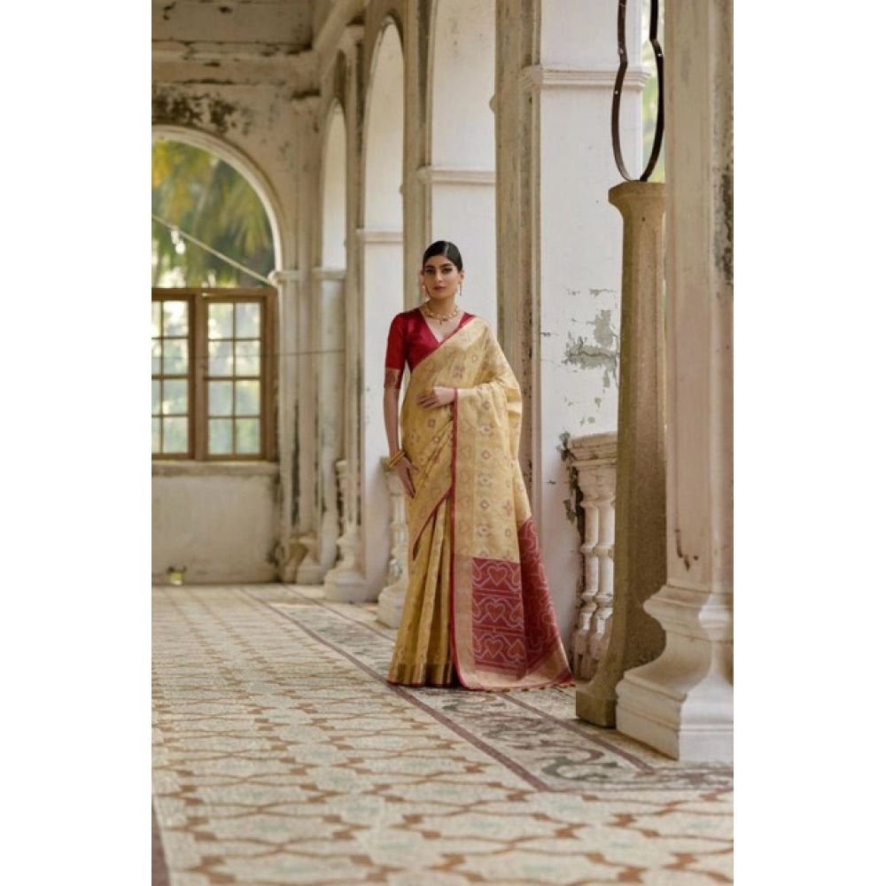 Generic Women's Silk_Blend Ethnic Ikat Pattern Saree With Unstitched Blouse 5.5Mtr (Cream)