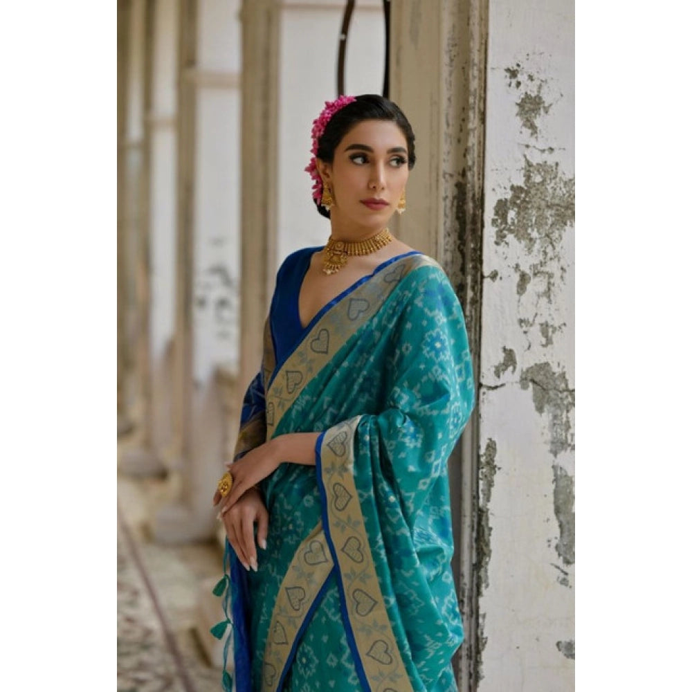 Generic Women's Silk_Blend Ethnic Ikat Pattern Saree With Unstitched Blouse 5.5Mtr (Teal)