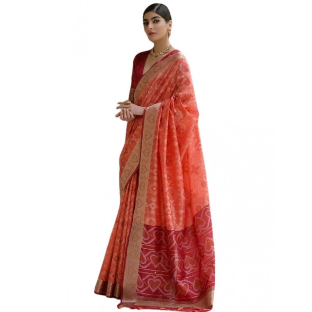 Generic Women's Silk_Blend Ethnic Ikat Pattern Saree With Unstitched Blouse 5.5Mtr (Orange)