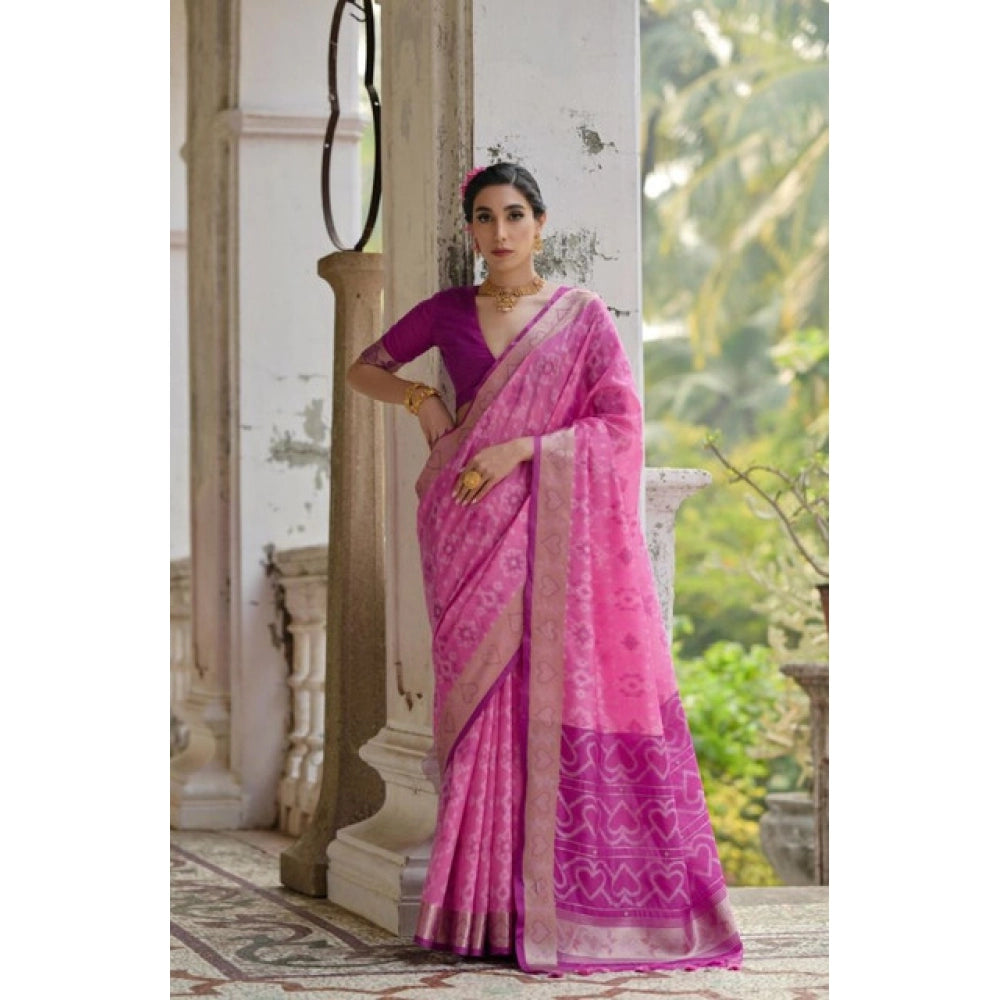 Generic Women's Silk_Blend Ethnic Ikat Pattern Saree With Unstitched Blouse 5.5Mtr (Pink)