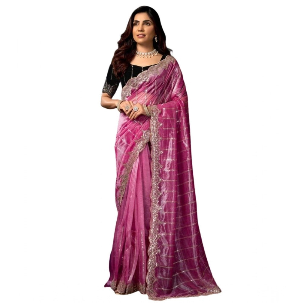 Generic Women's Net Sequence Saree With Unstitched Blouse 5.5Mtr (Pink)